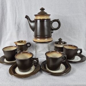 ☕ VTG Pfaltzgraff Gourmet Brown Drip Tea Set – 11-Piece Complete Set